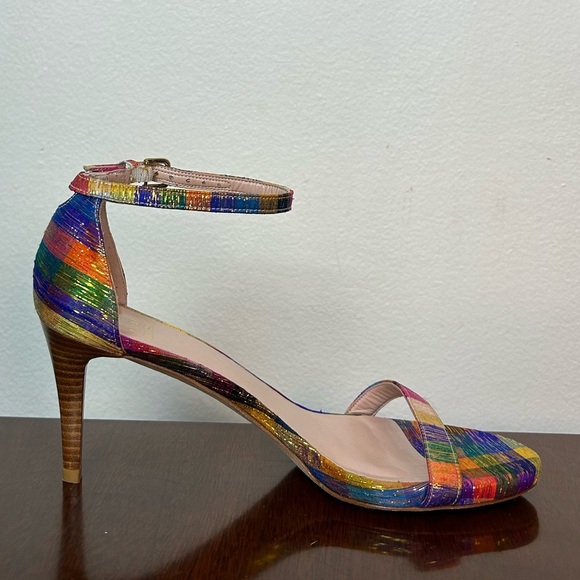 STUART WEITZMAN Metallic Rainbow Plaid Leather Ankle Strap Nunaked Sandals Heel - Picture 6 of 11